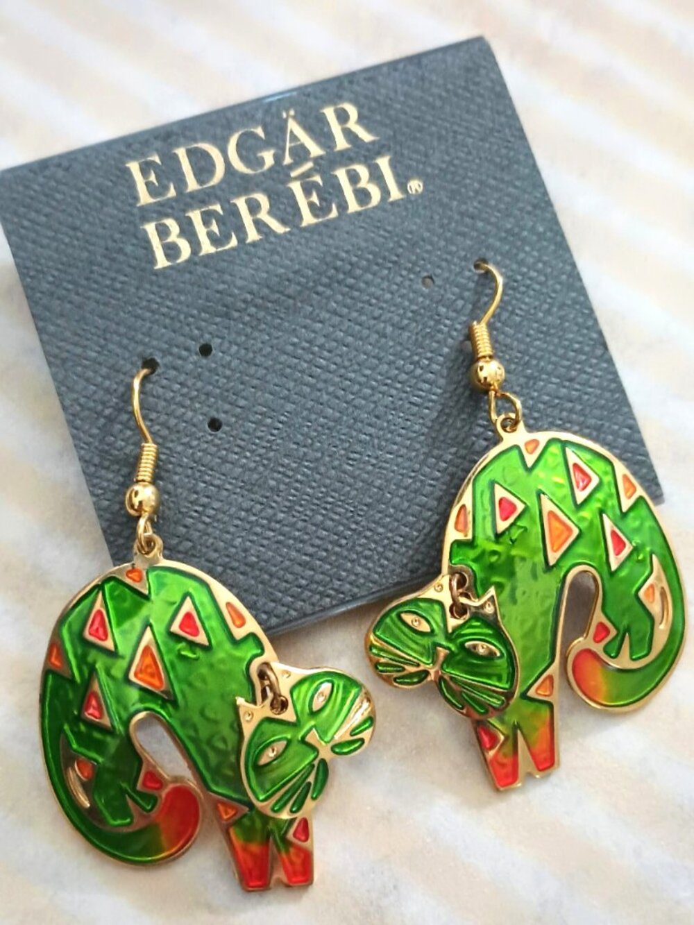 Edgar Berebi Articulated Cat Earrings Green Enamel Dangle Drop Hooks